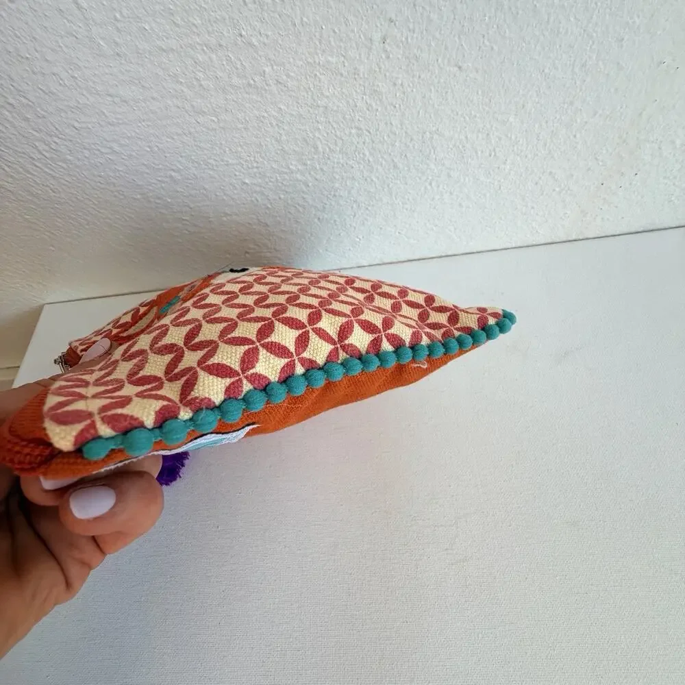 Karma Living Boho Fox Embroidered Zipper Pouch Tassel Pom Pom Makeup Clutch